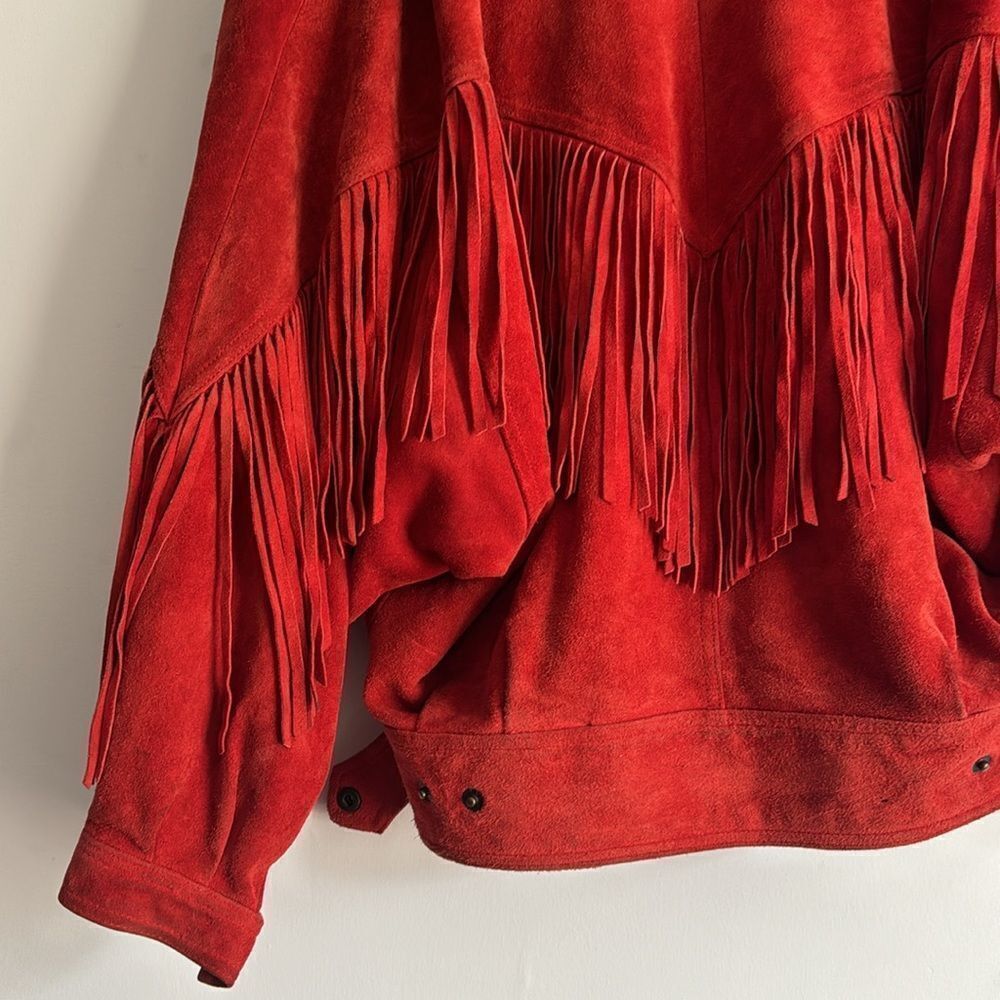 Vintage Winlit Western 100% Genuine Leather Suede Red Fringe Jacket L - Picture 6 of 12